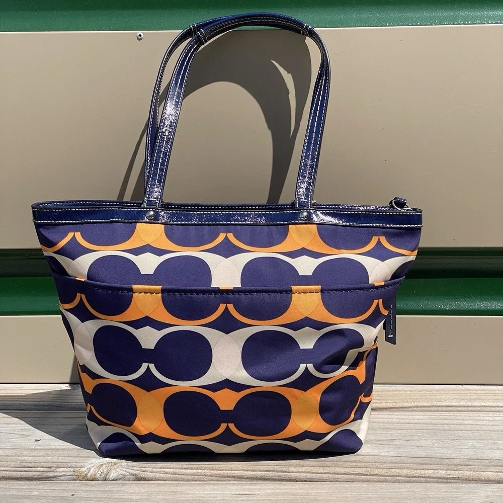 Coach Signature Stripe Linear Signature Tote Navy Multi Patent Trim F23908